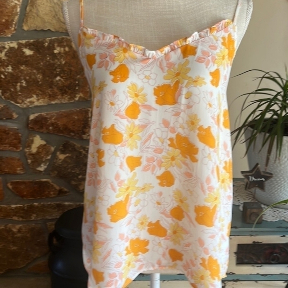 Loft White Orange Floral Ruffle Frill V Neck Cami Blouse Women's Large L EUC